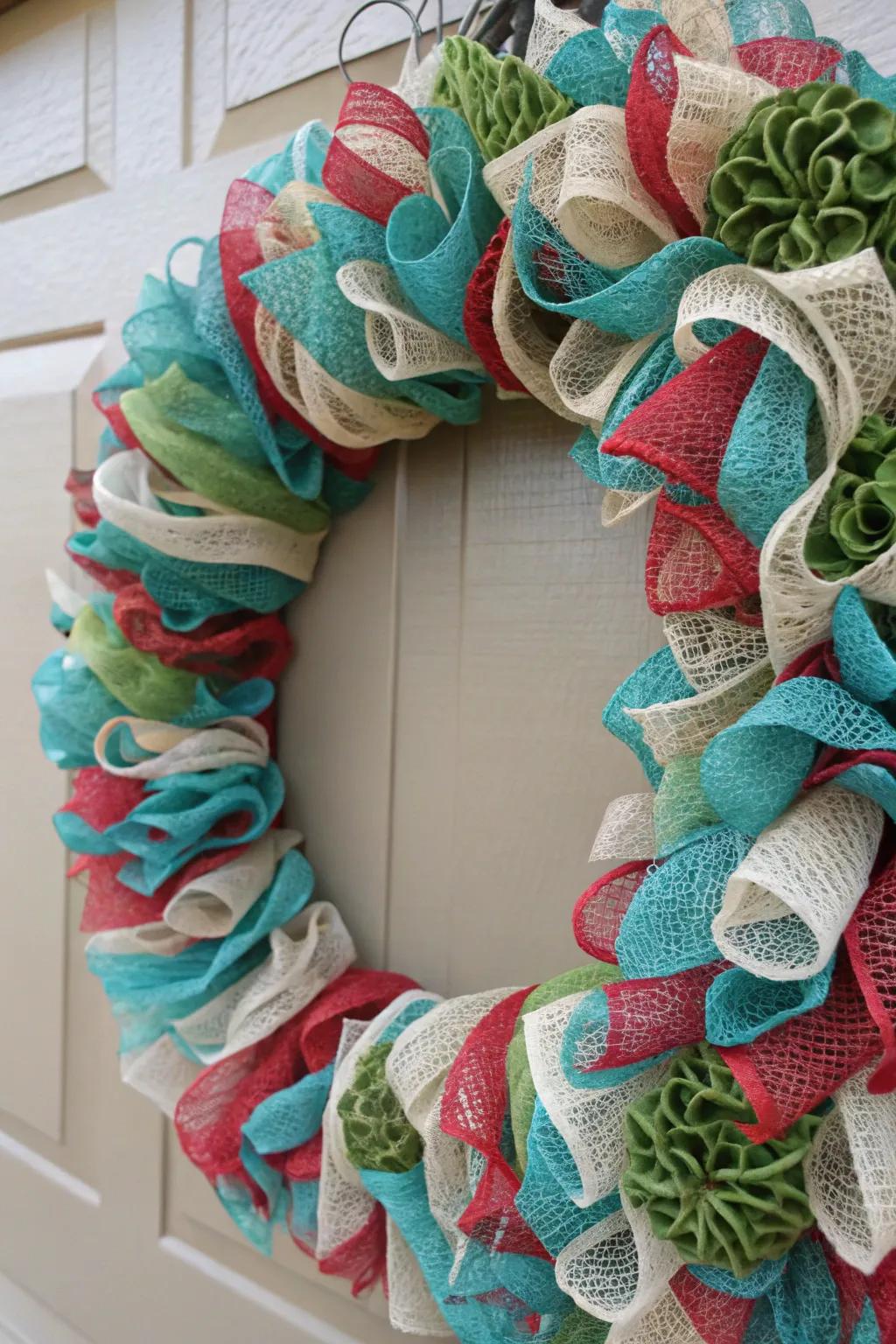 Repurposed materials create a chic and sustainable wreath design.