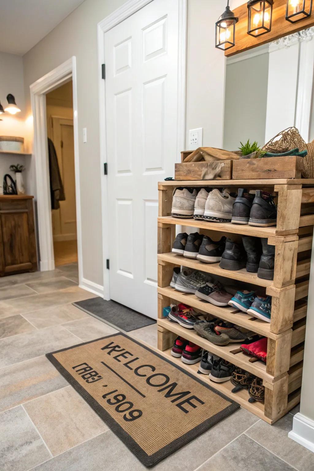Organise your entryway using a practical skid shoe rack.