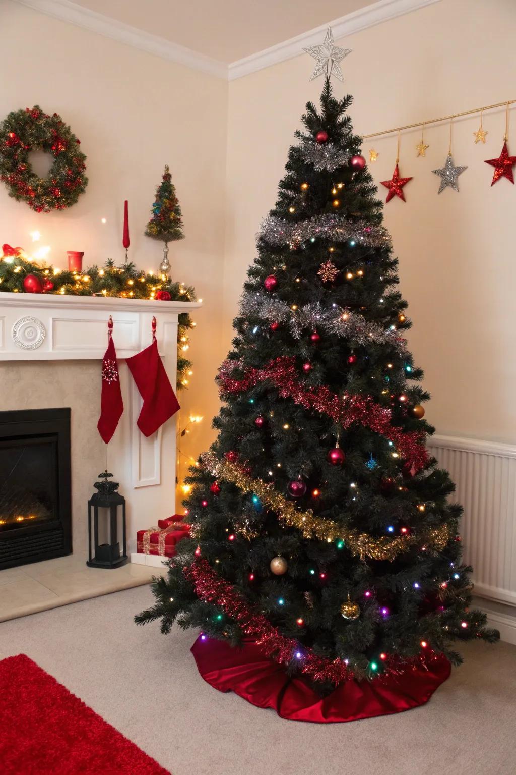 A dark fir with an extravagant sparkle display.