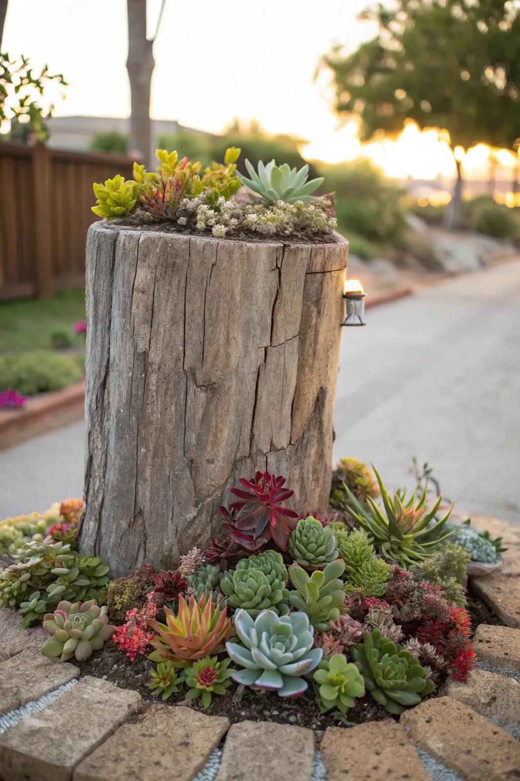 Establish a serene, low-maintenance succulent sanctuary upon a tree stump.