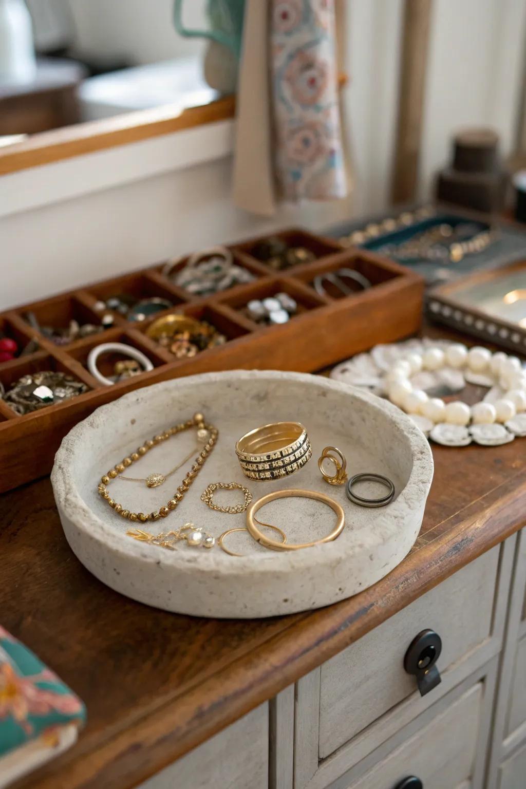 Maintain your trinkets organized using a stylish stone dish.