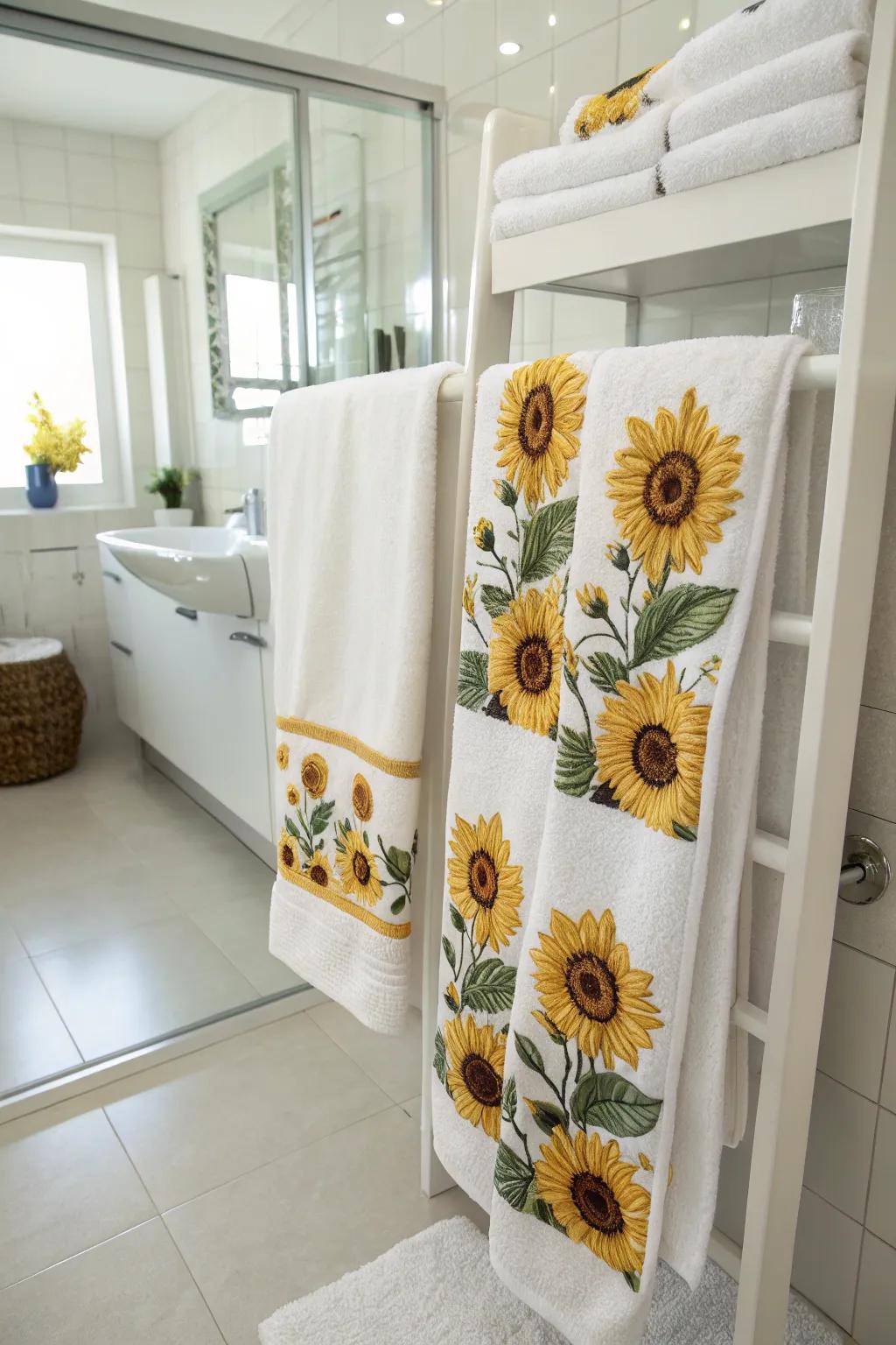 Sunflower bath towels add a bright and cheerful touch to your bathroom decor.