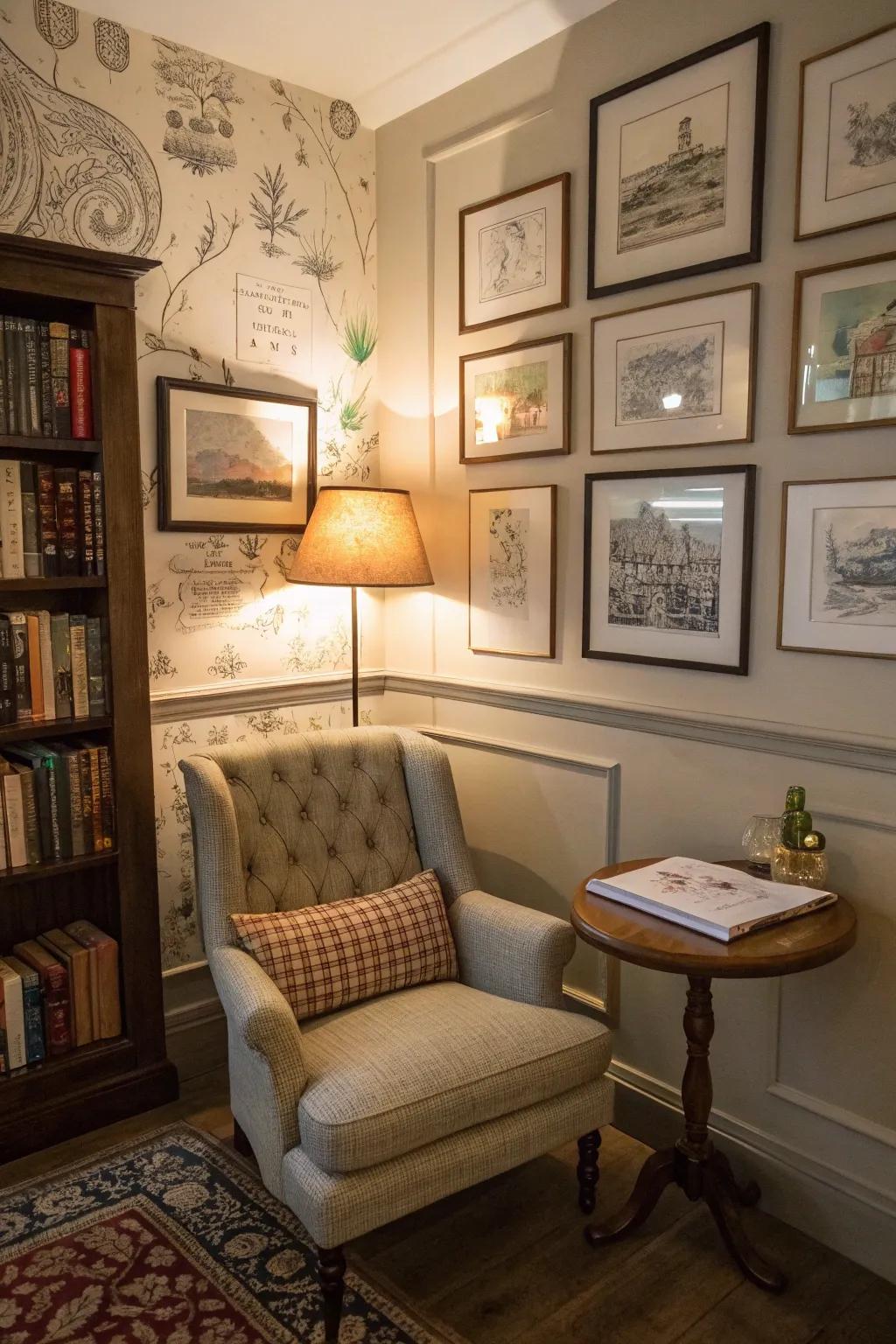 Imagine a snug reading nook enhanced with drawings inspired by vintage aesthetics, blending comfort with classic appeal.