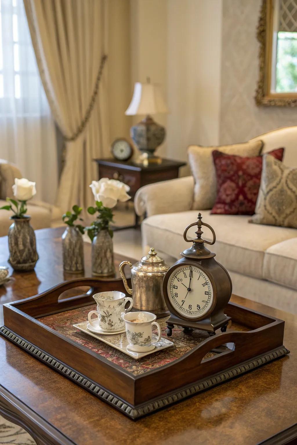 Retro energy with an antique item on a decor platter.