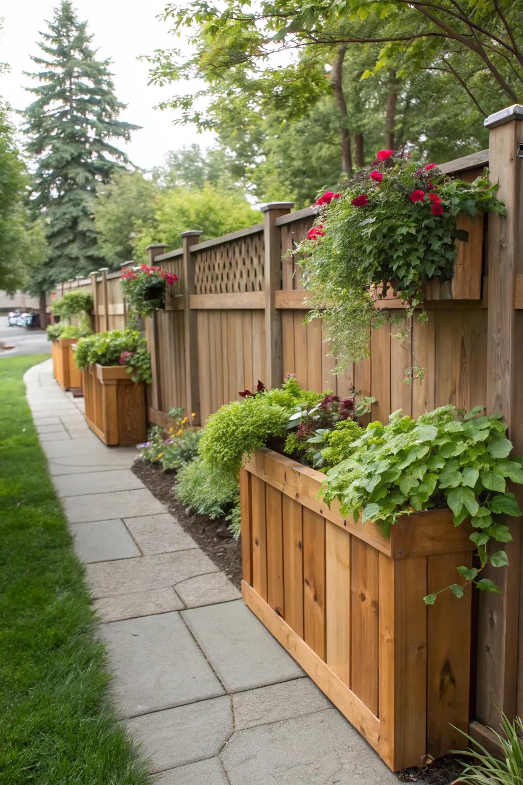 Planter-integrated fences meld seclusion with nature.