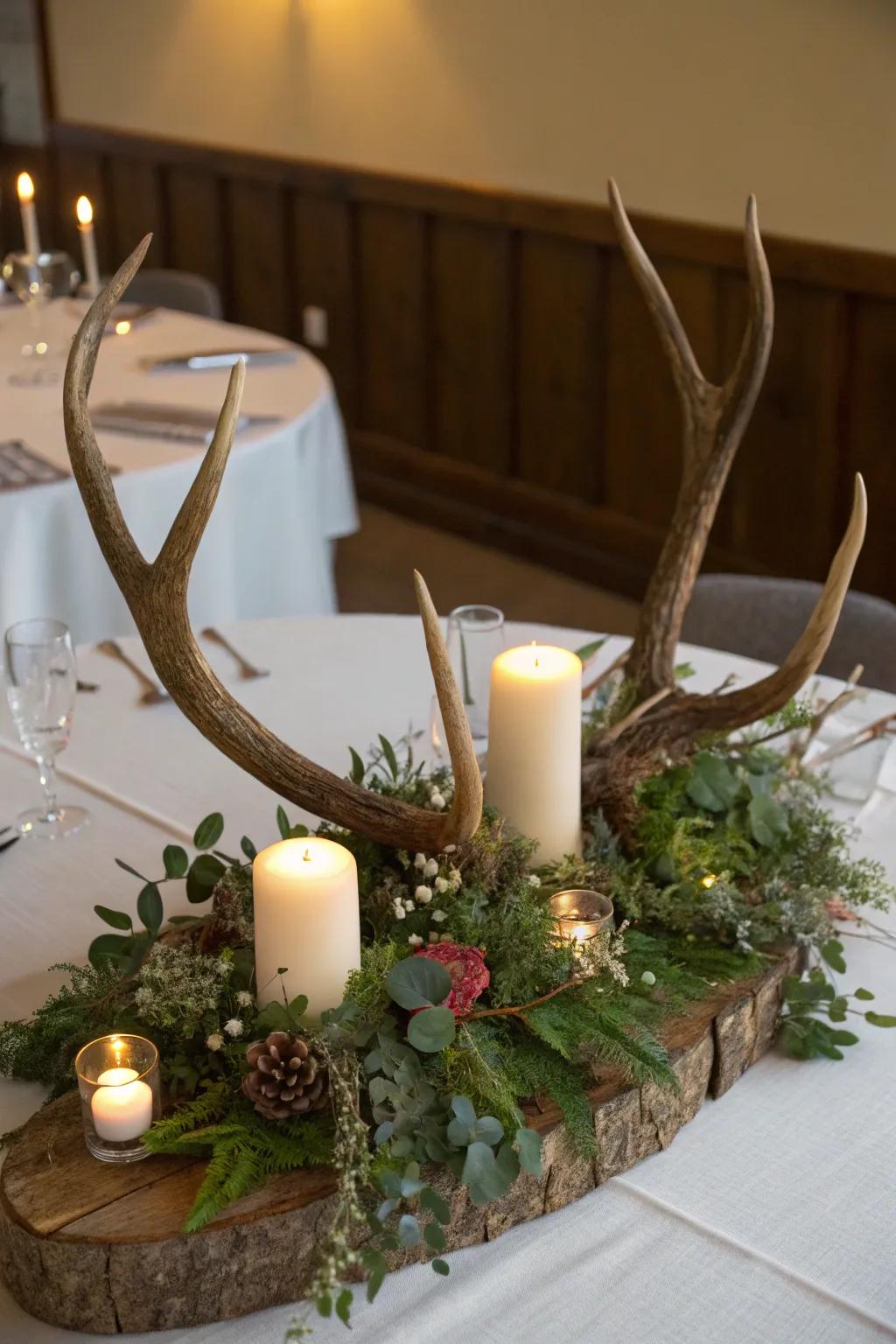 An earthy table focus with deer antlers, lights, and greenery creates a festive dining ambiance.
