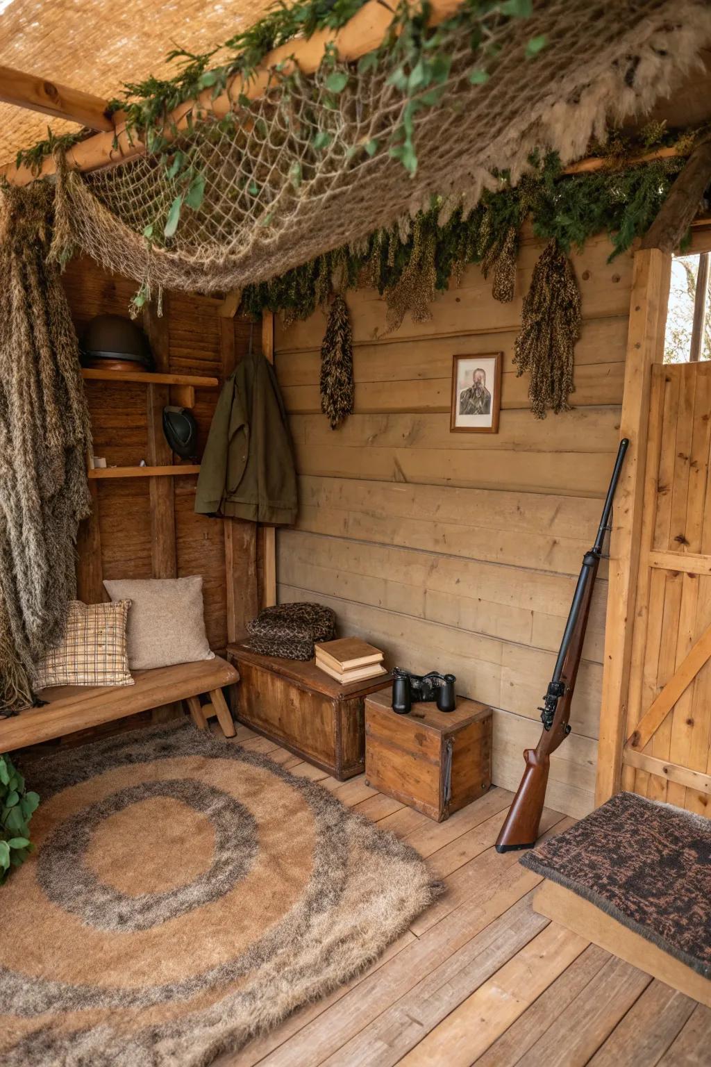 Natural tones foster a soothing and harmonious ambiance within the hideout.