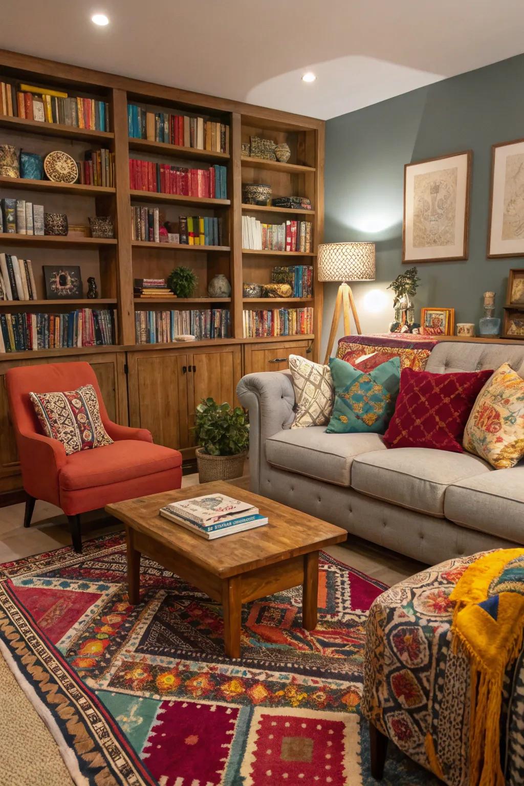 A den styled with varied decor, intermixing modern and retro elements.