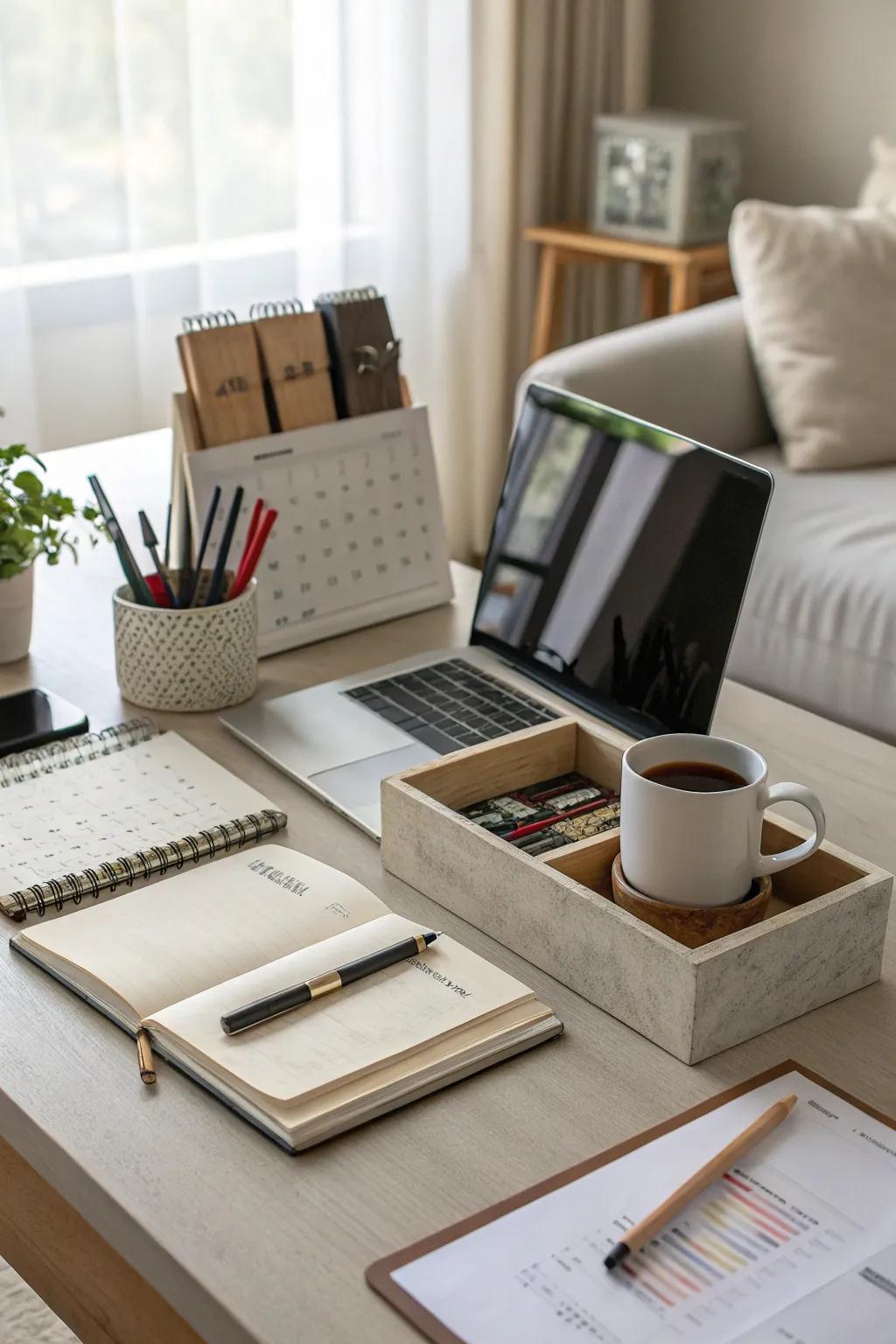 Functional accessories bring practicality and style to the desk.