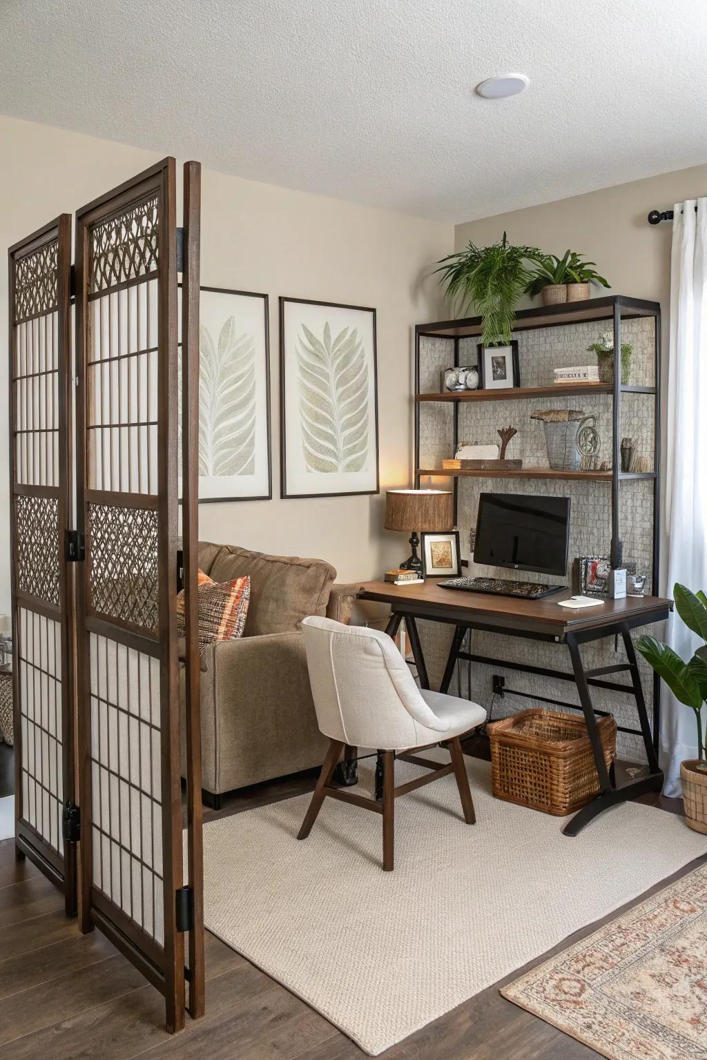 Partitions delineate areas in open living spaces.