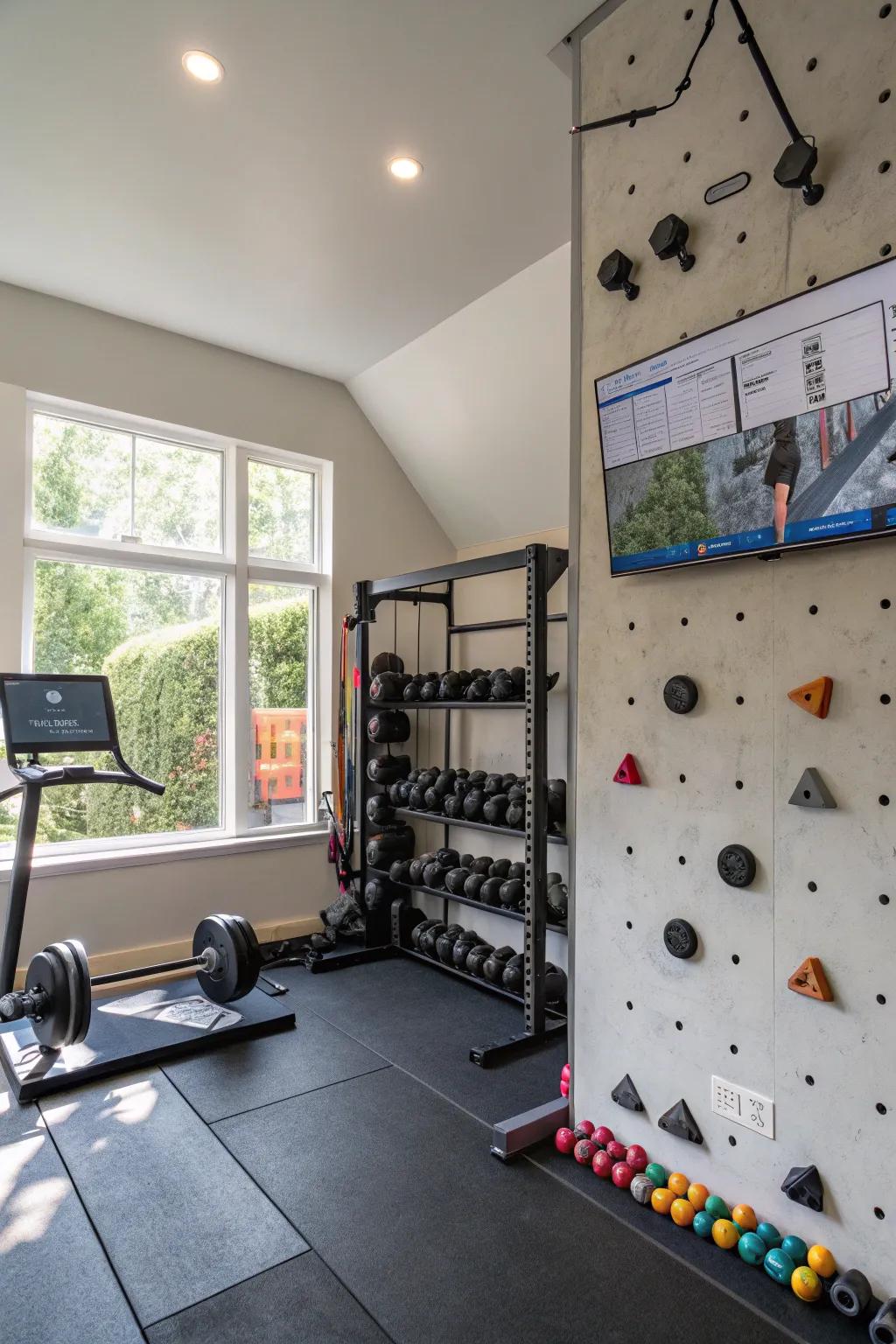 A home gym with unexpected elements that are engaging, providing fun and challenging workouts.