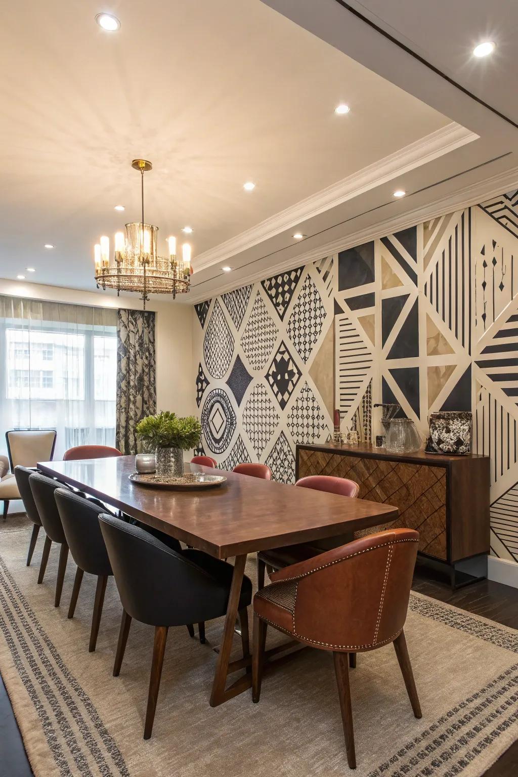 Geometric patterns infuse dining walls with modern drama.