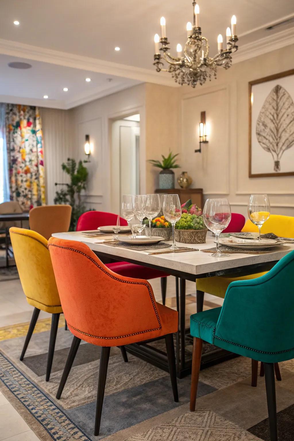 Vibrant colors in chairs and decor infuse energy into the dining room.