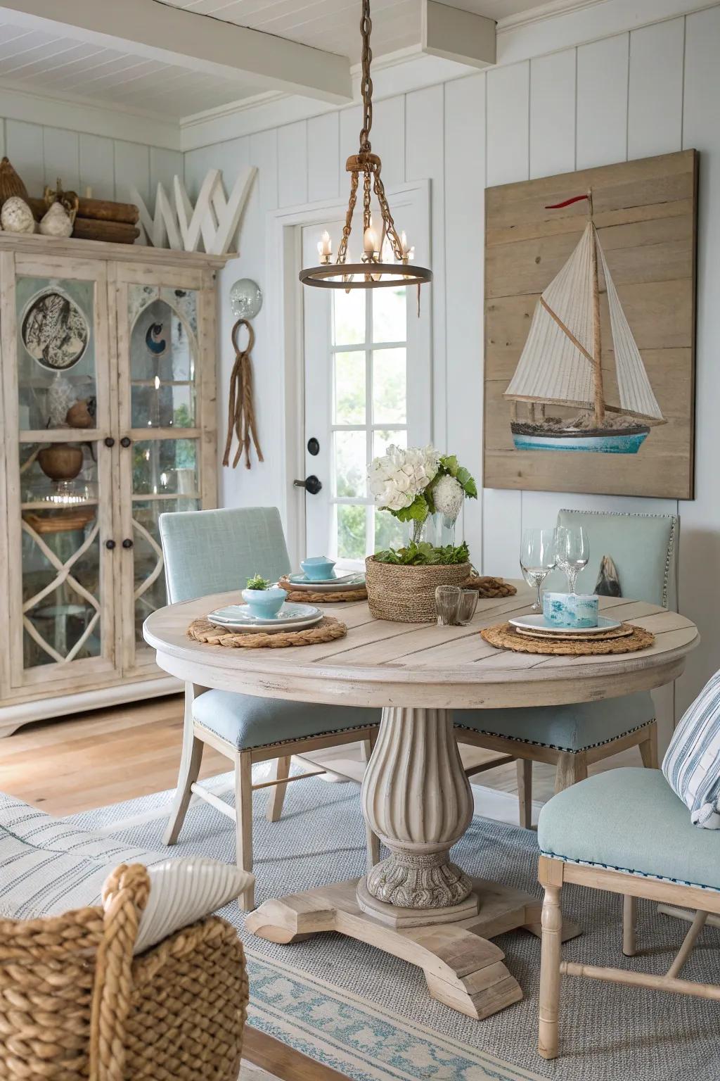 Driftwood finish evokes a beachy, relaxed sensation.