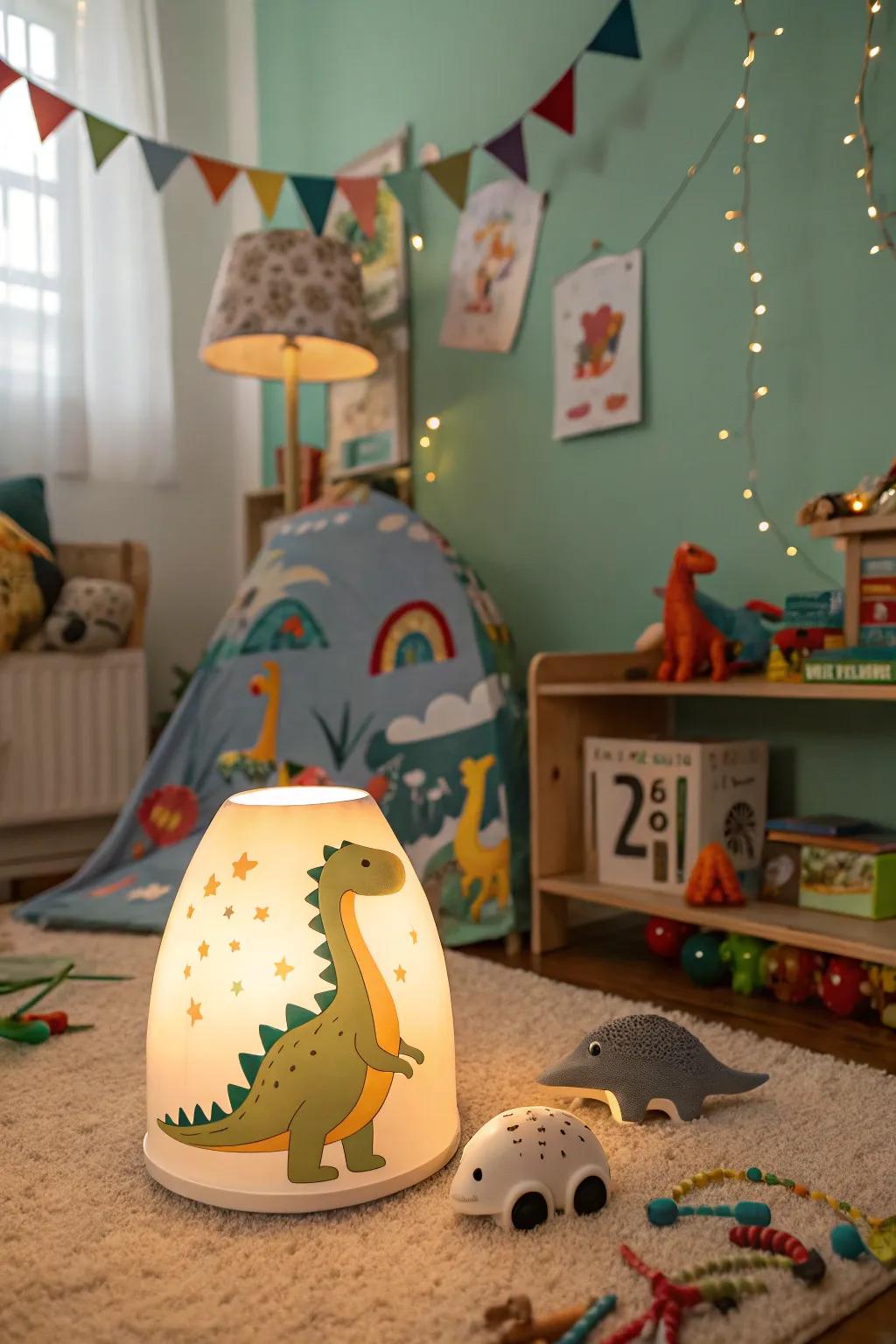 A dinosaur-themed lamp providing a gentle, inviting glow.