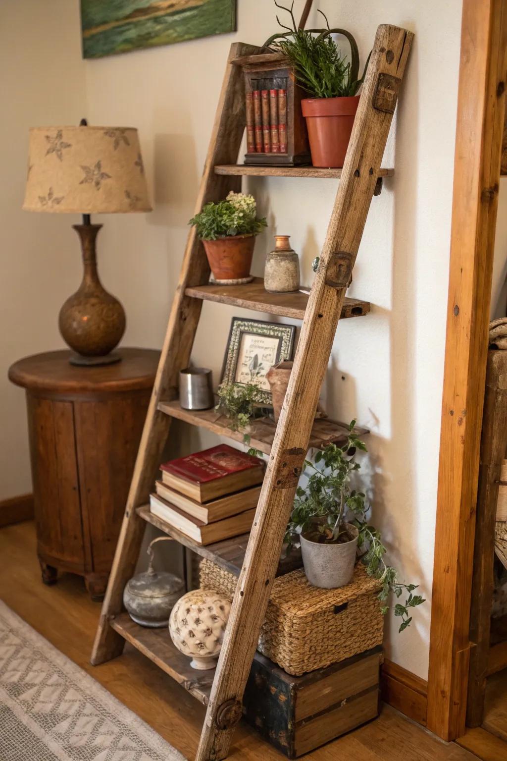 Ladder shelves offer a rustic charm.