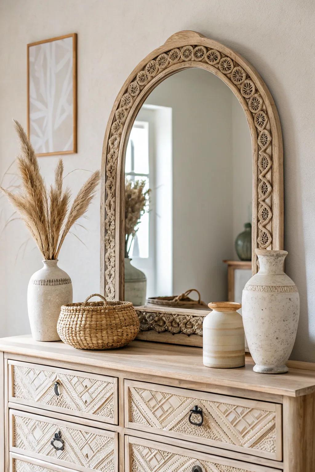 Change your space with a touch of elegance: the perfect boho mirror completes your simple dresser setup.