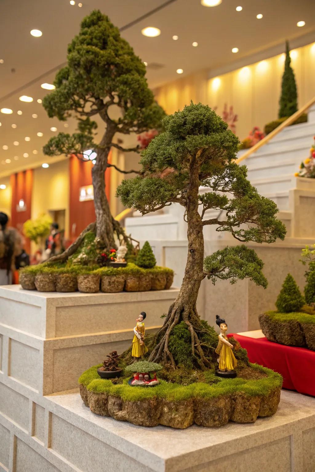 Thread and vegetation trees inject a natural element into the Golu arrangement.