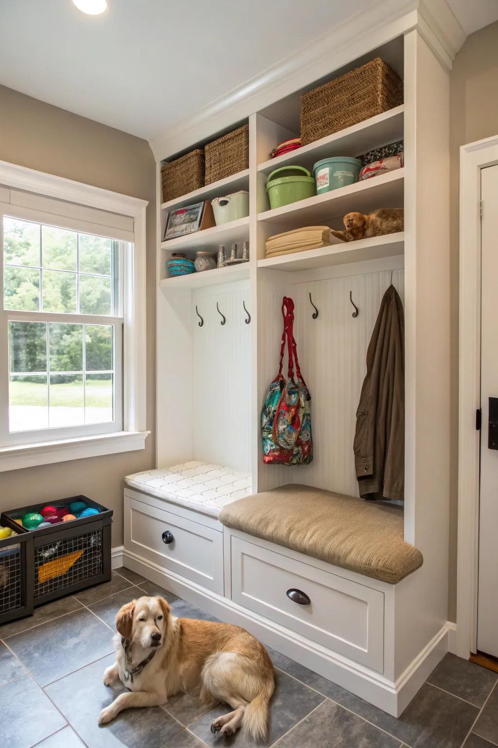 A mudroom featuring a specific canine nook and arranged pet accessory stowage.