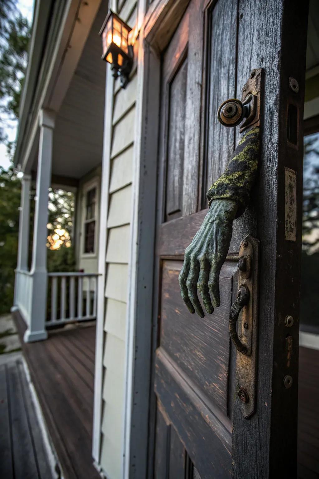 A cadaverous hand door striker introduces a spooky touch.