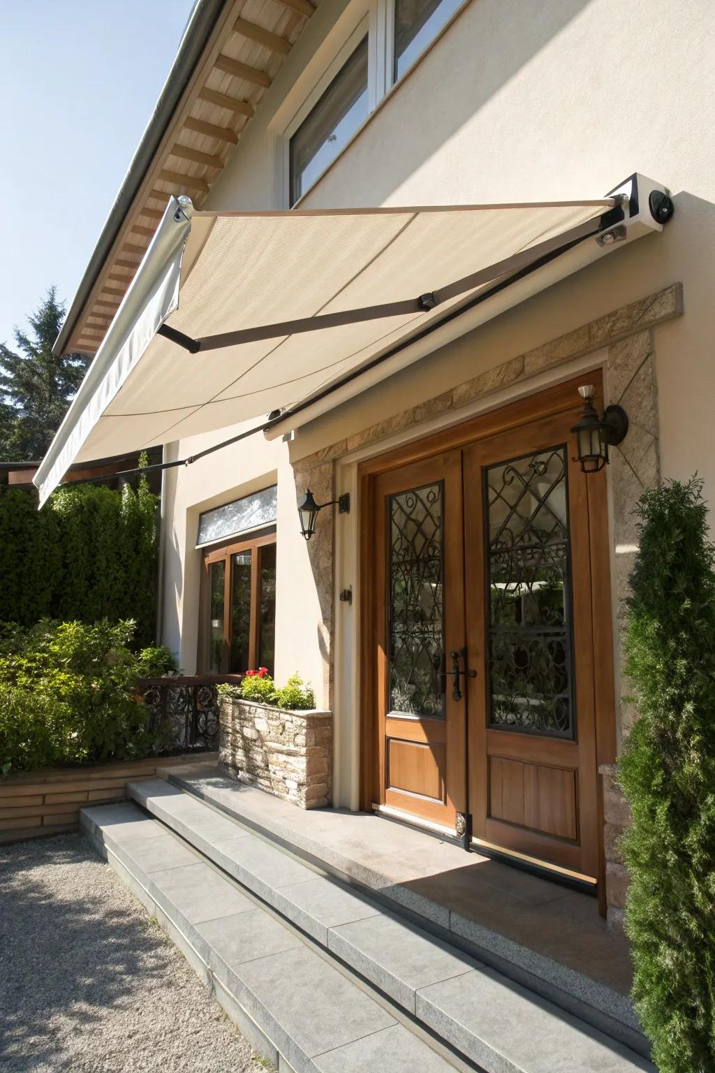 A pull-out awning in use over a sunny entrance.