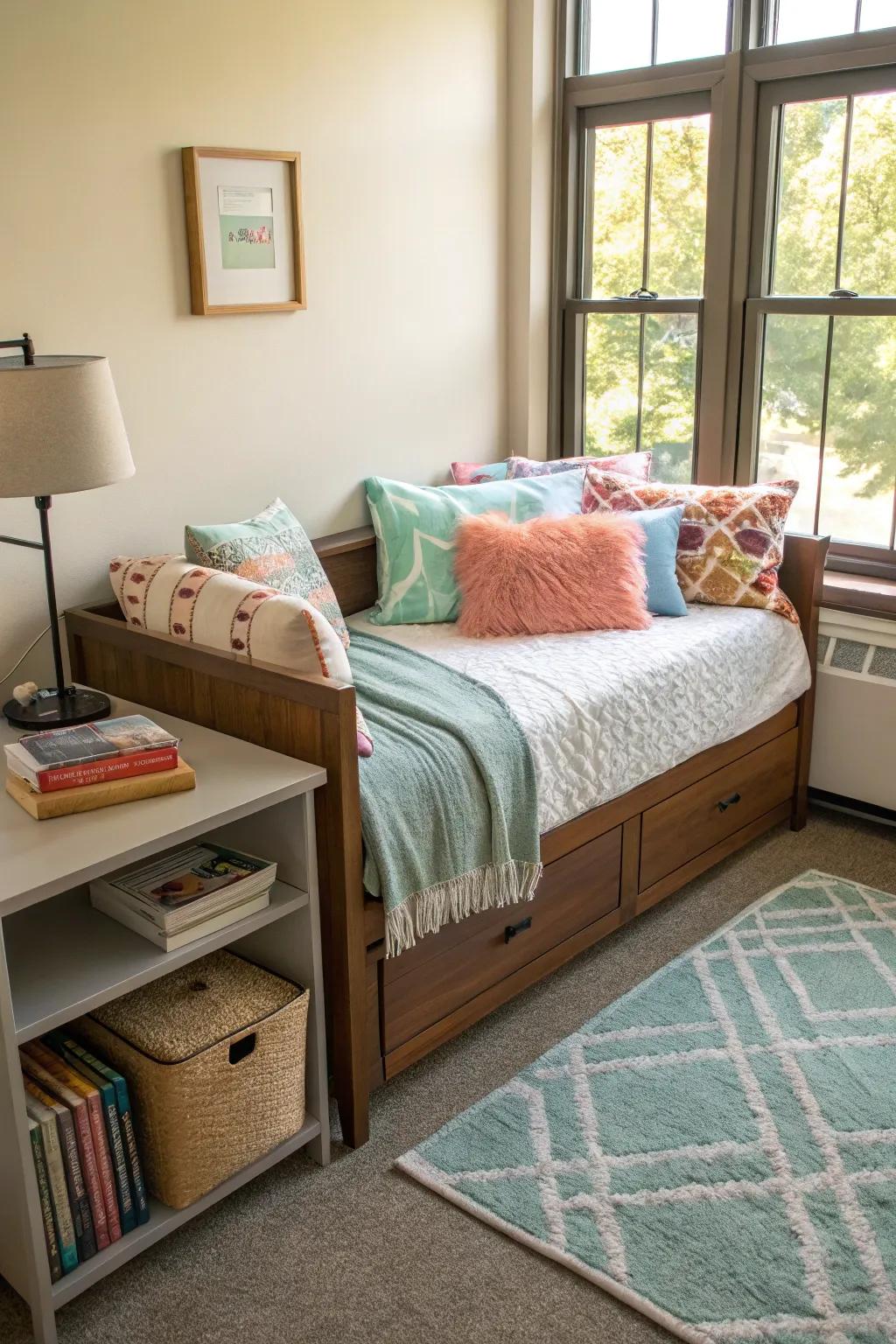 A daybed offering double duty as a sofa and a bed in this dorm room.