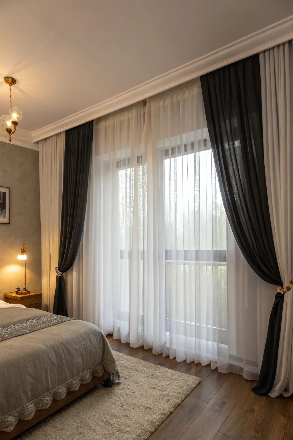 Blackout layers ensure privacy and light control in this serene bedroom.