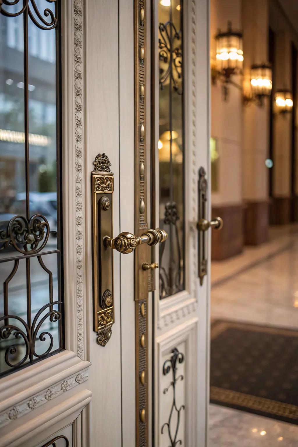 Sophisticated metallic hardware that elevates the door's design.