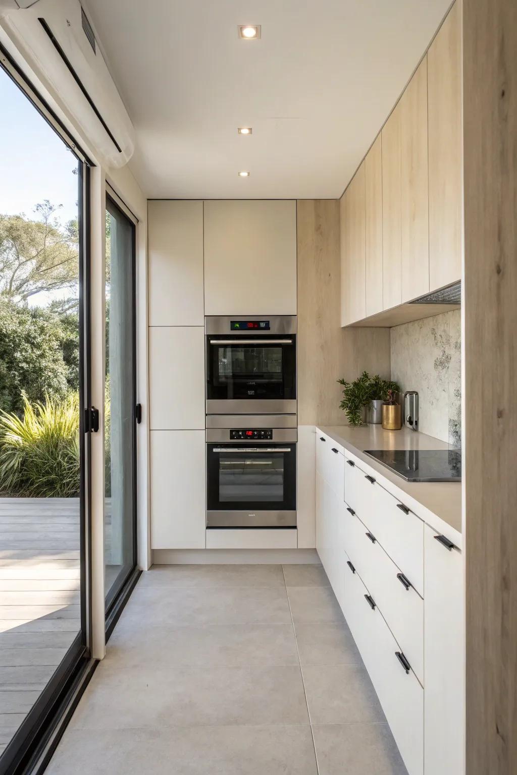 A compact kitchen showcasing a slide-in double oven, skillfully conserving space while enhancing overall style.