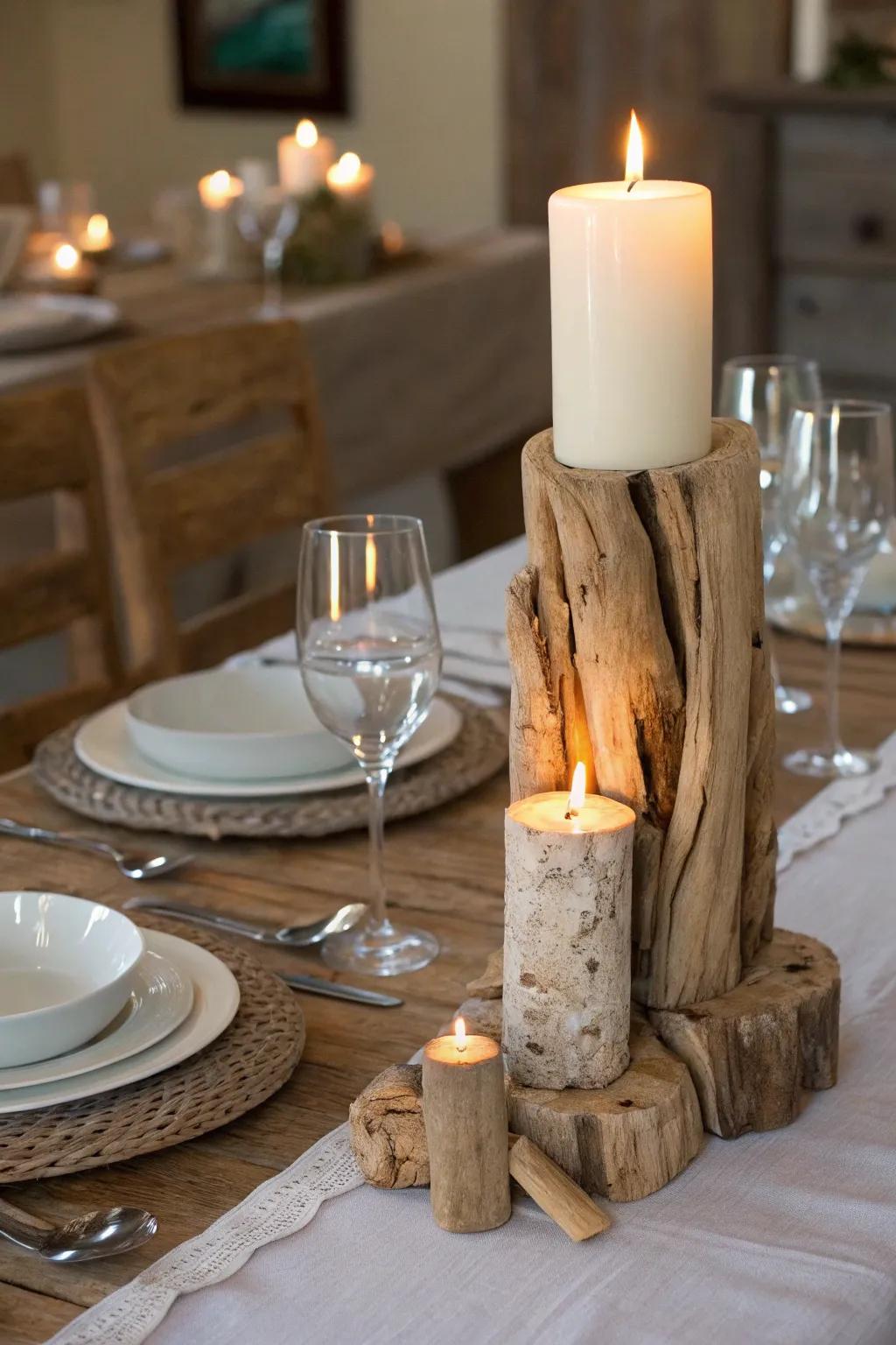 Driftwood light holders offer rustic elegance.