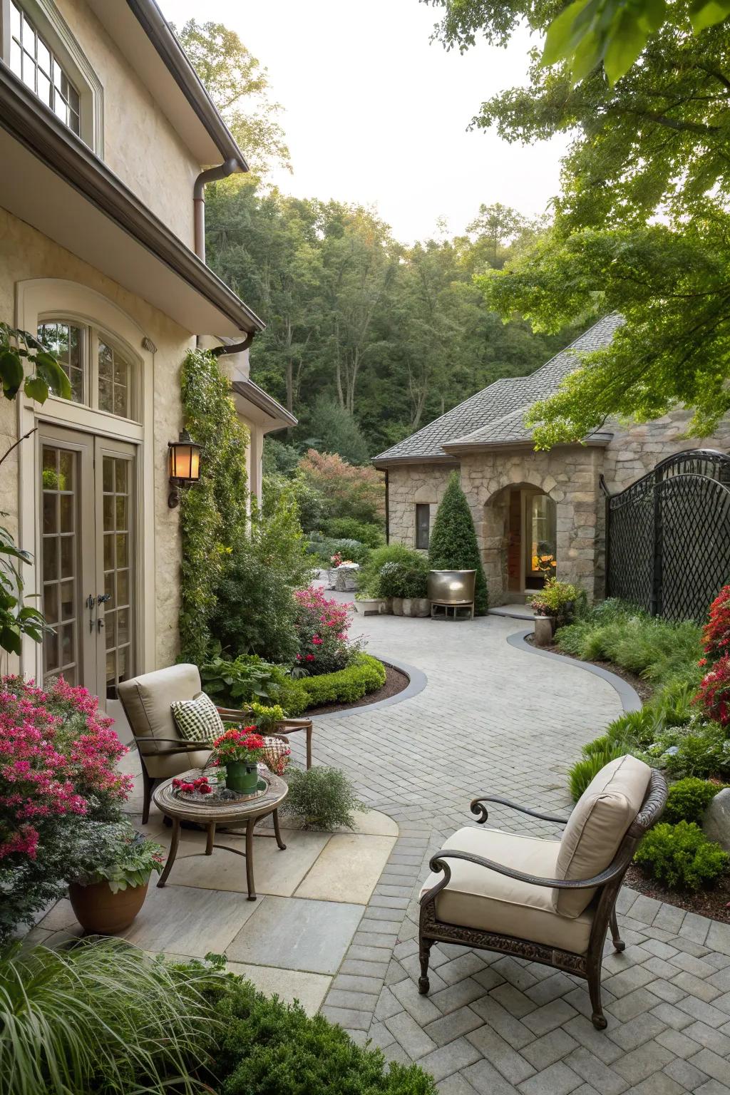An imaginative courtyard driveway concept featuring relaxation zones.