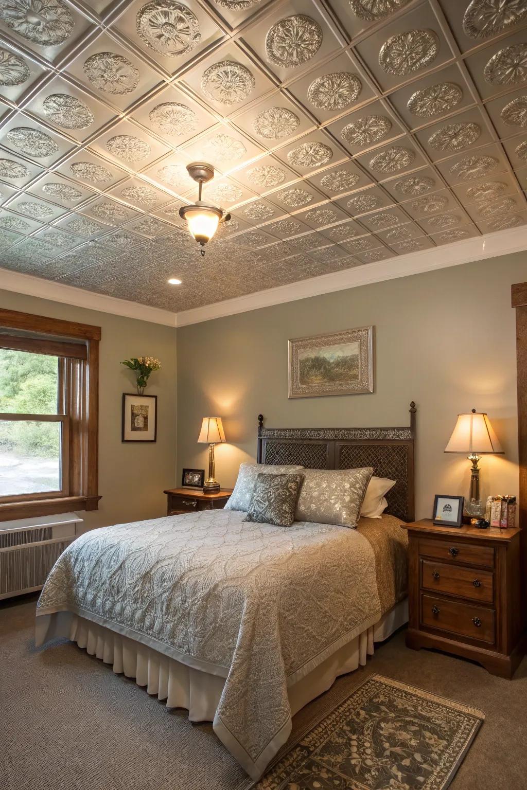 Attainable sophistication through faux tin ceiling squares.
