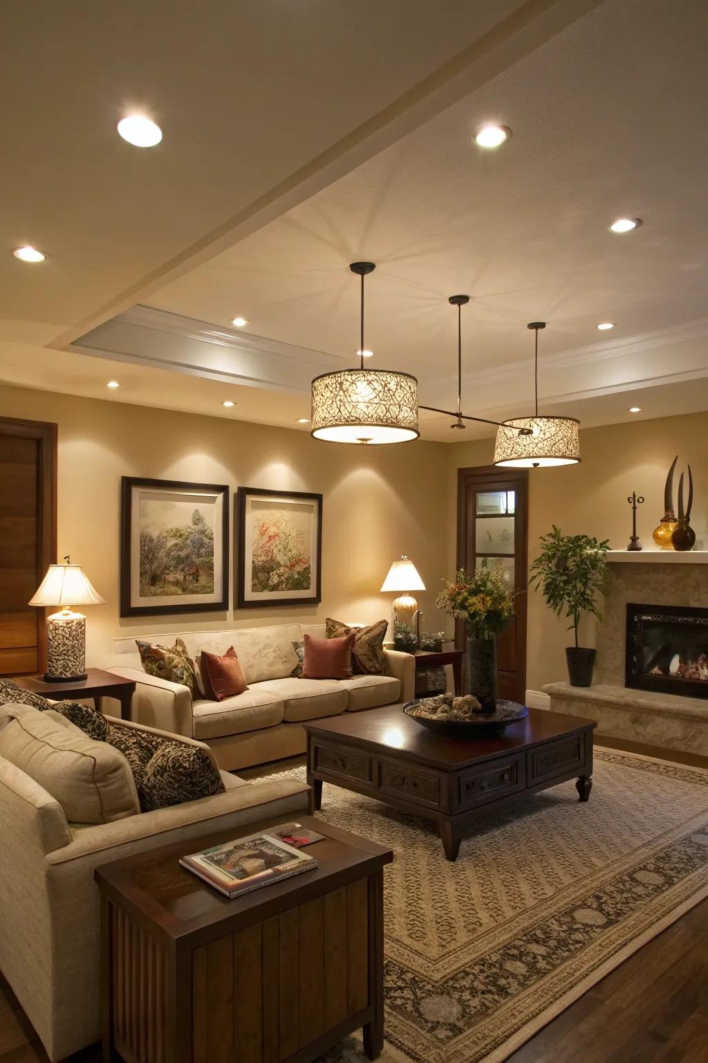 Layered lighting adds depth to this living room.