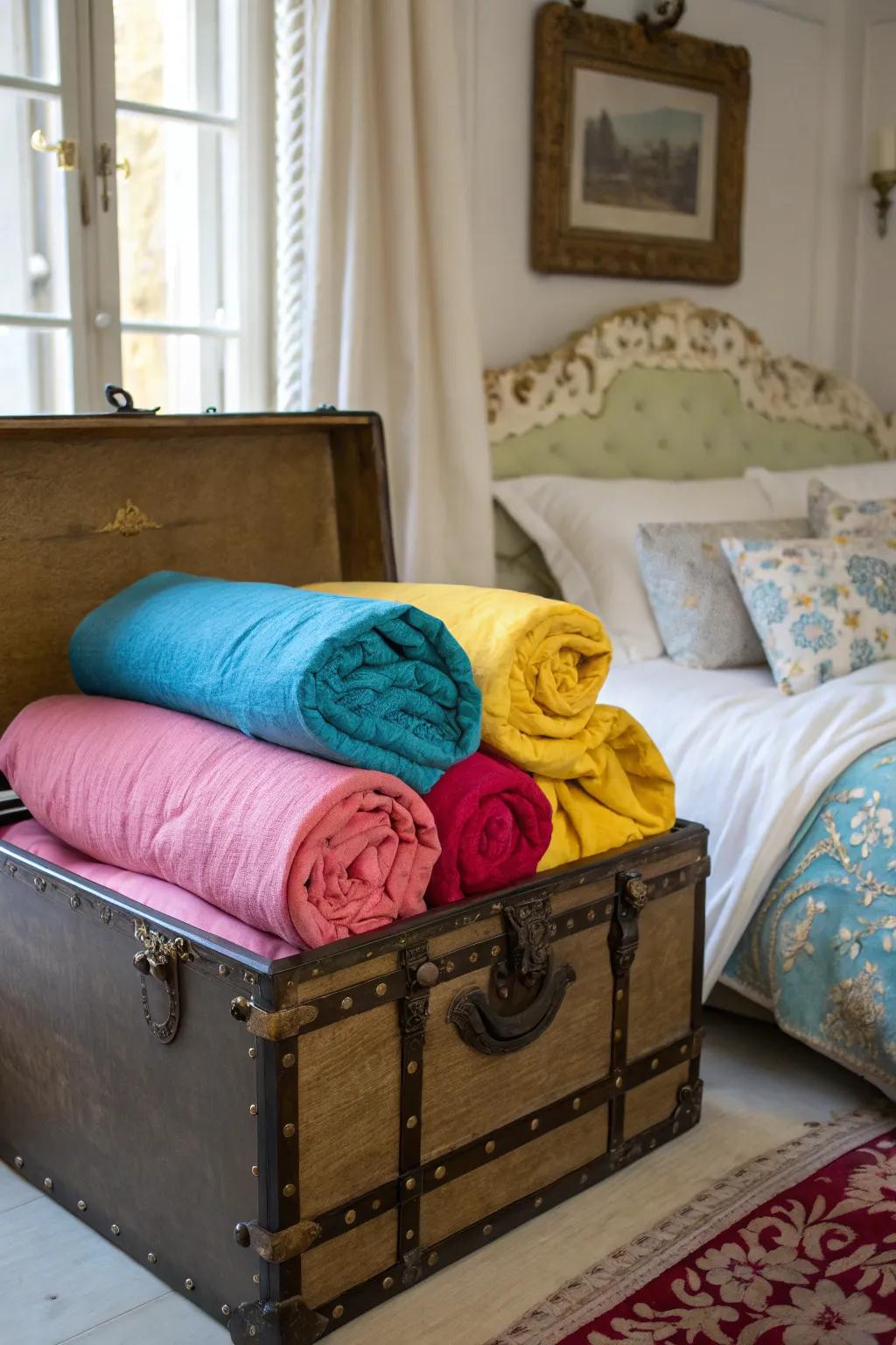 Decorative trunks present an inviting and spacious storage solution.