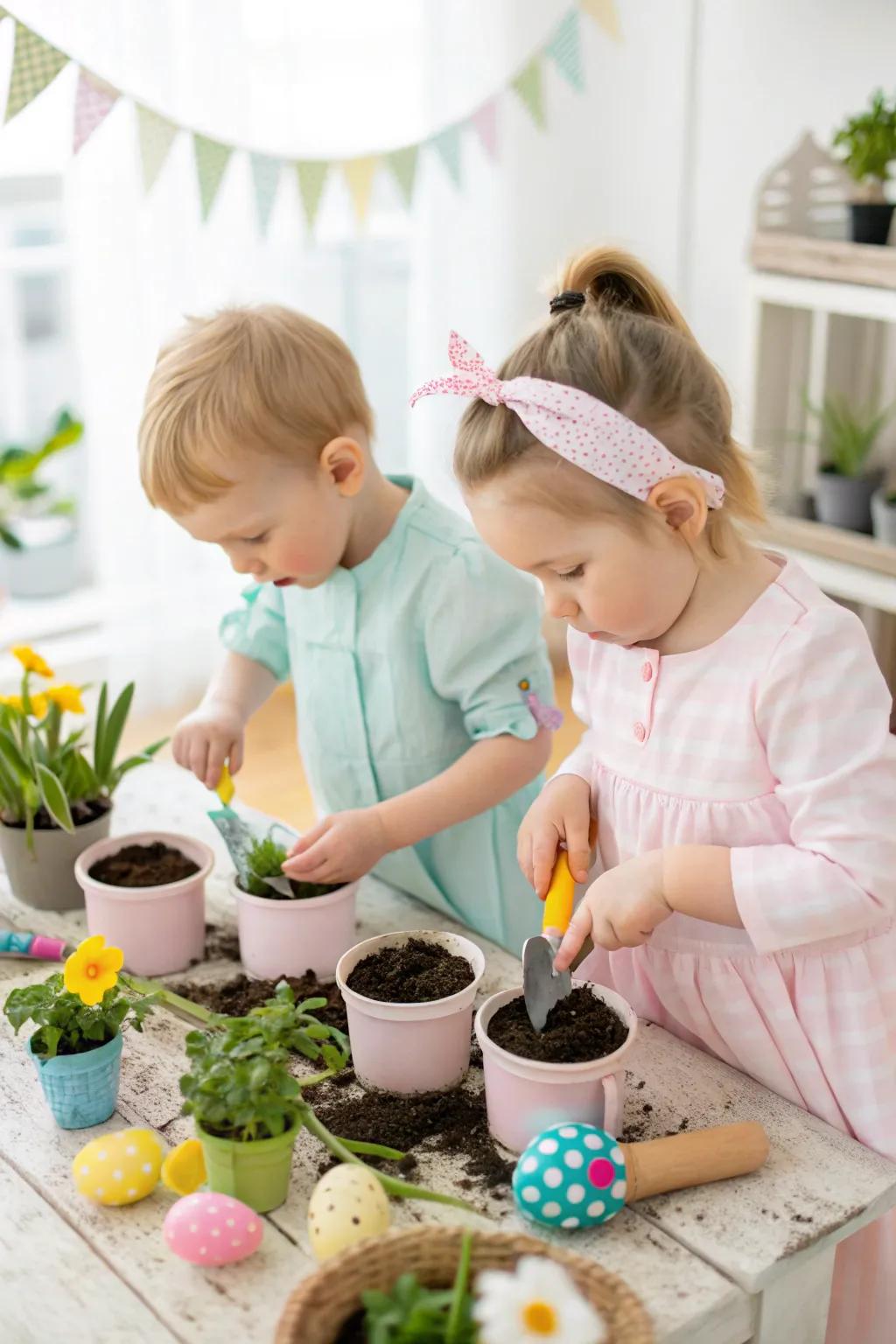 Forming an Easter garden with little green thumbs.