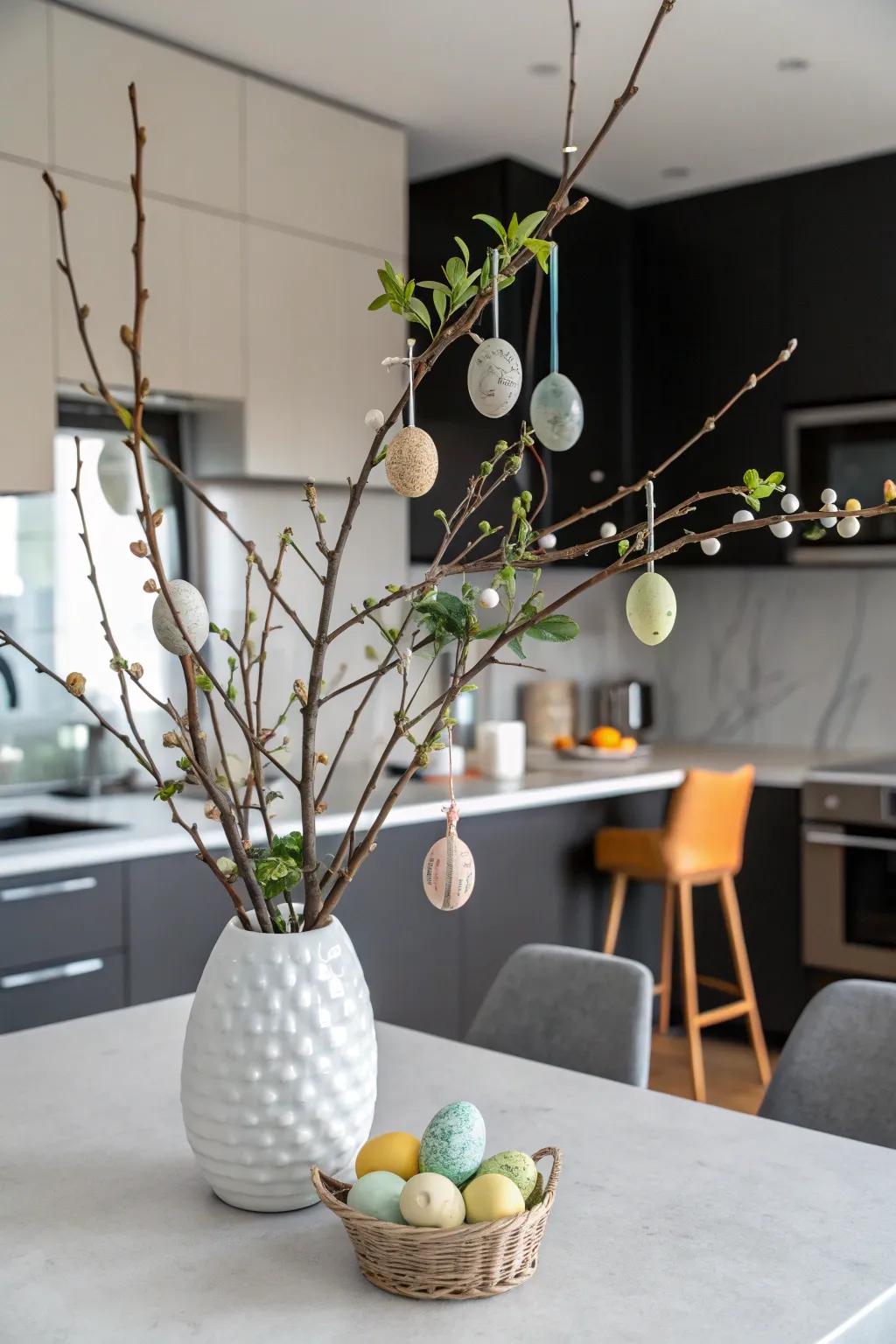 An Easter ovum tree provides an engaging and unique centerpiece.