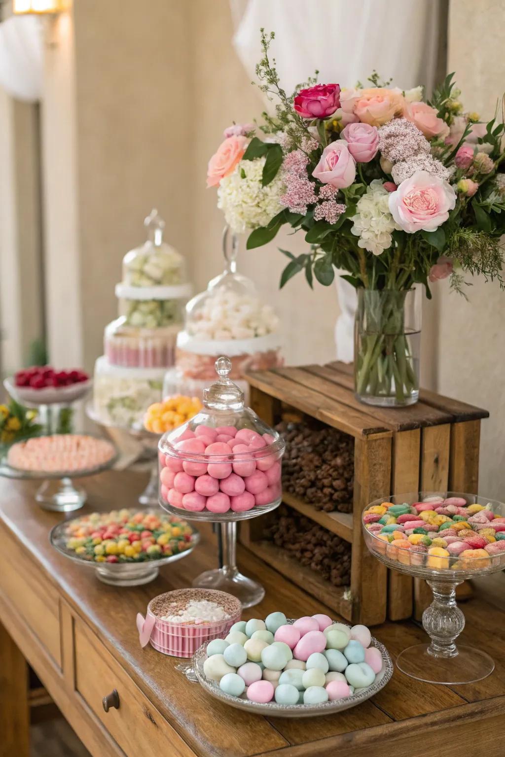 Fresh blossoms beautifully complementing the confection display.