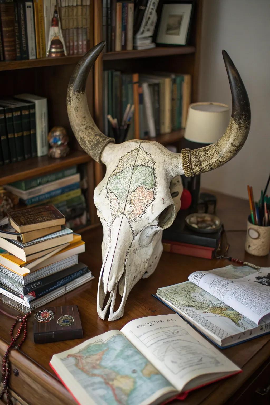 Timeless charts infuse an adventurous accent into bovine skull art.