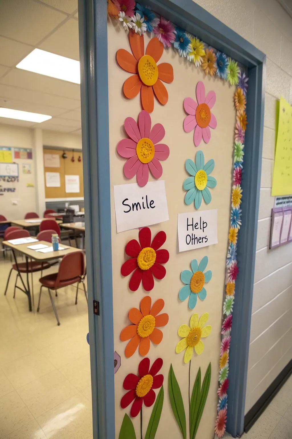 A goodwill garden flourishes on this classroom entrance, encouraging warmth and compassion.