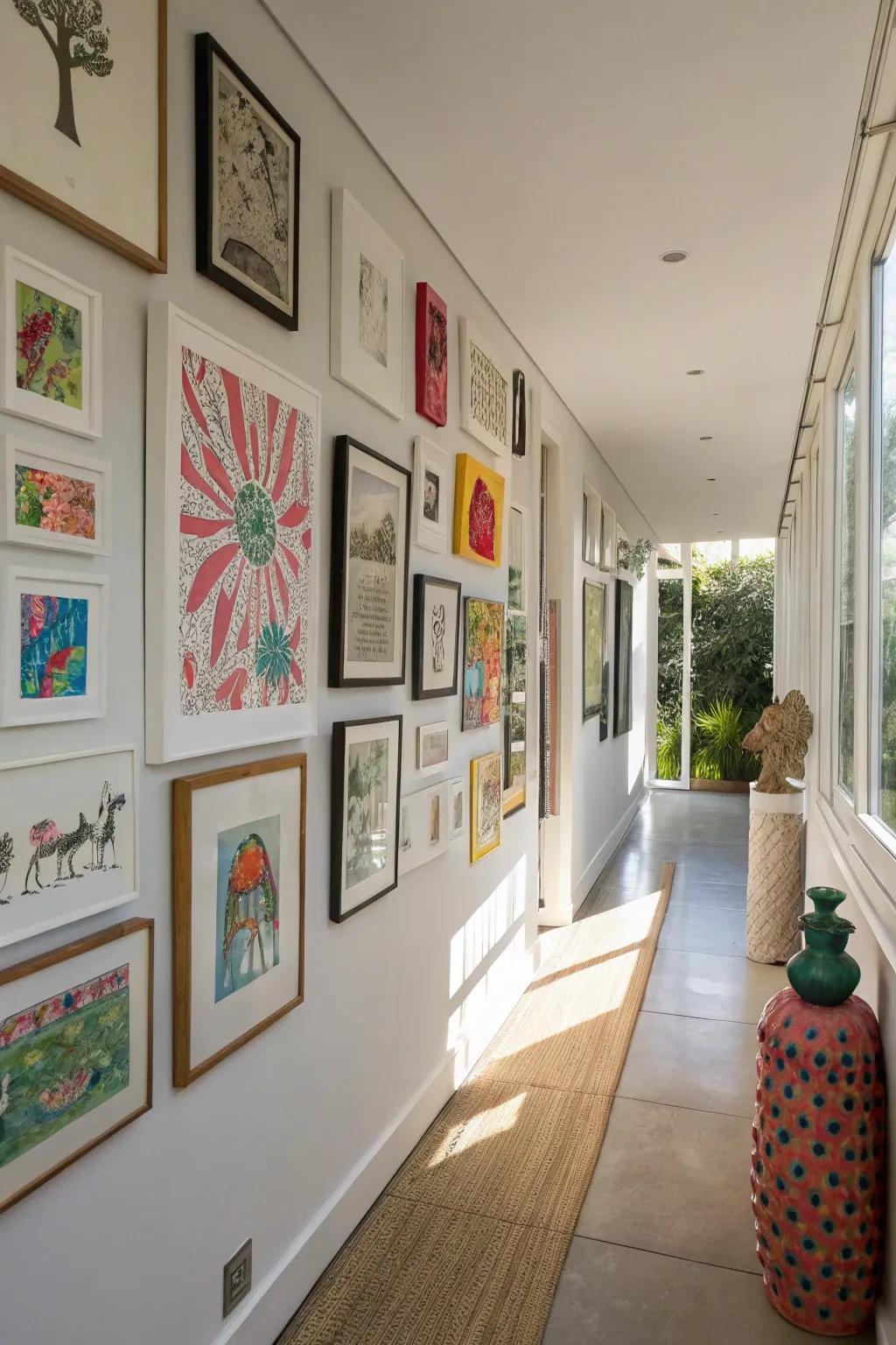 A gallery wall displaying a mix of vintage and contemporary art.