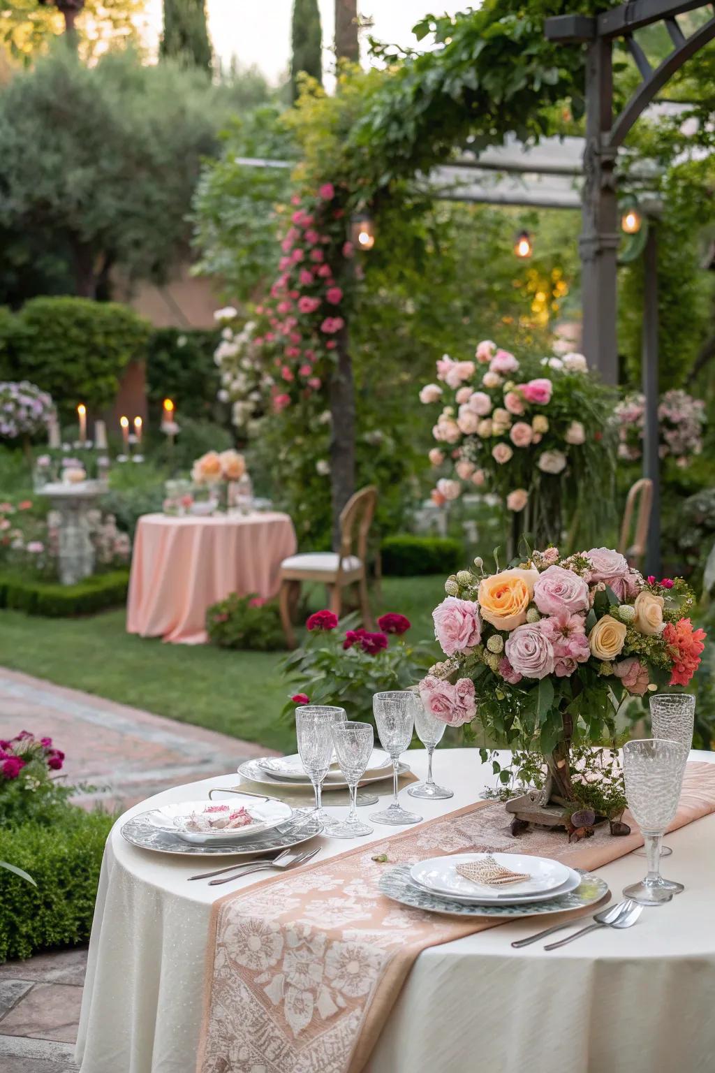 Elegant garden party setup with natural elements.