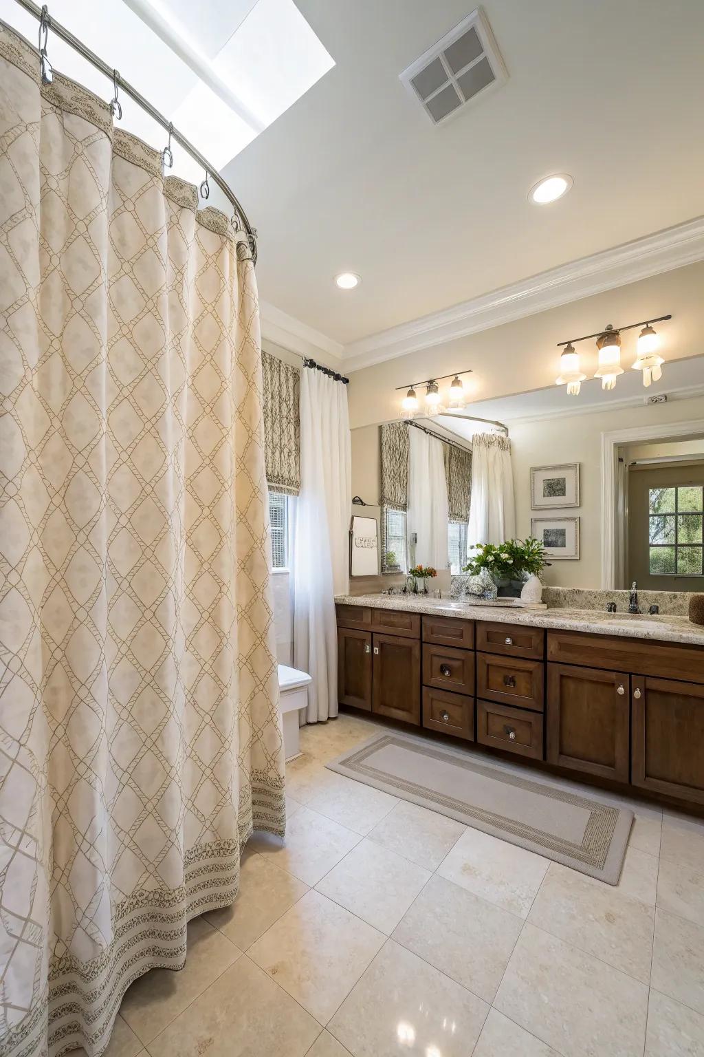 A ceiling-to-floor shower curtain adds height and elegance to the bathroom.