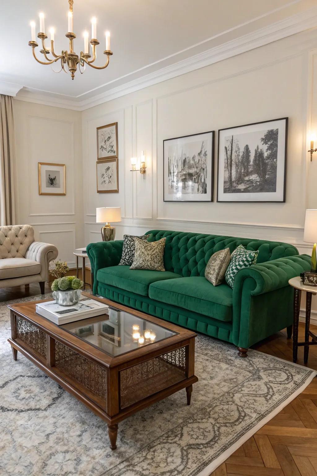 The emerald sofa is a bridge between modern and classic designs.