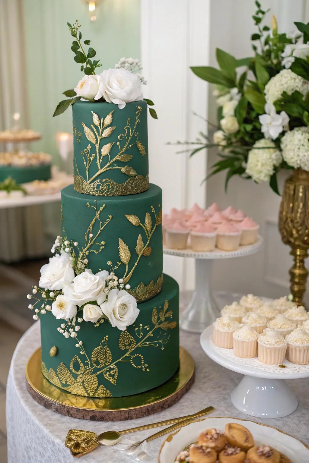 A stunning forest celebration cake with gilded highlights.