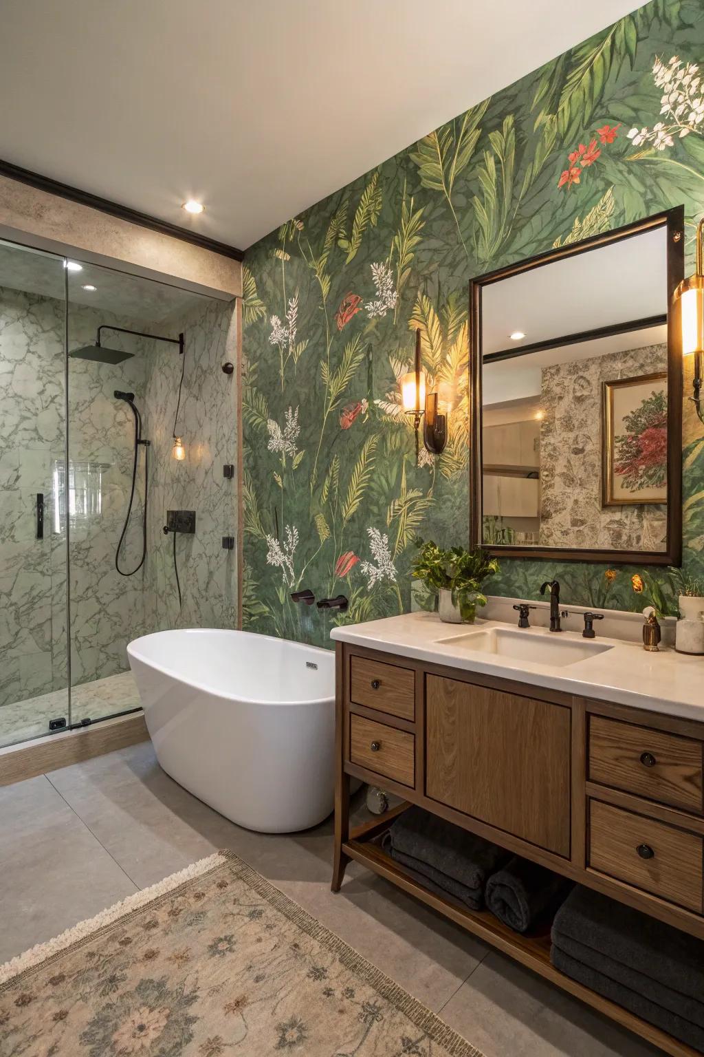 A captivating botanical wall covering crafting a serene retreat.