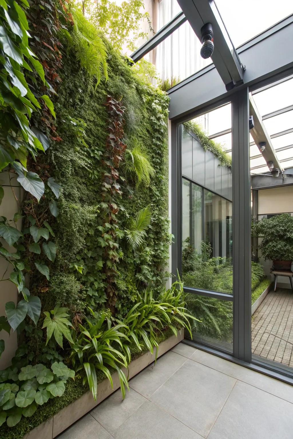 A vibrant standing garden introduces a touch of nature to the sheltered patio.