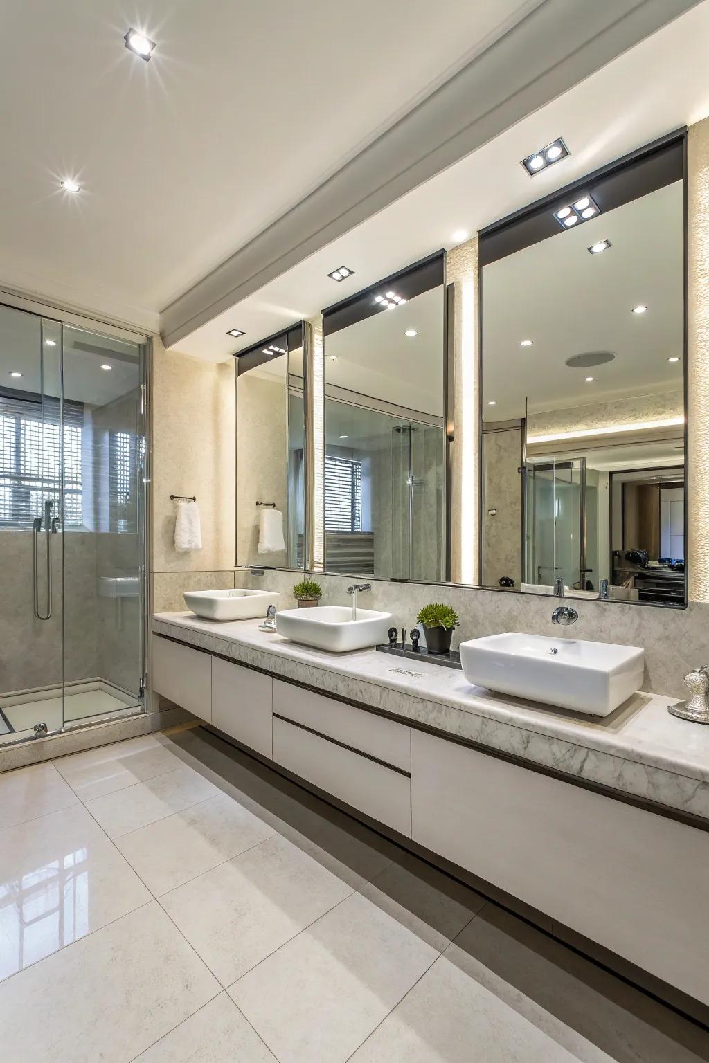 The incorporation of reflective components maximizes the light and perceived space within this refined ensuite.