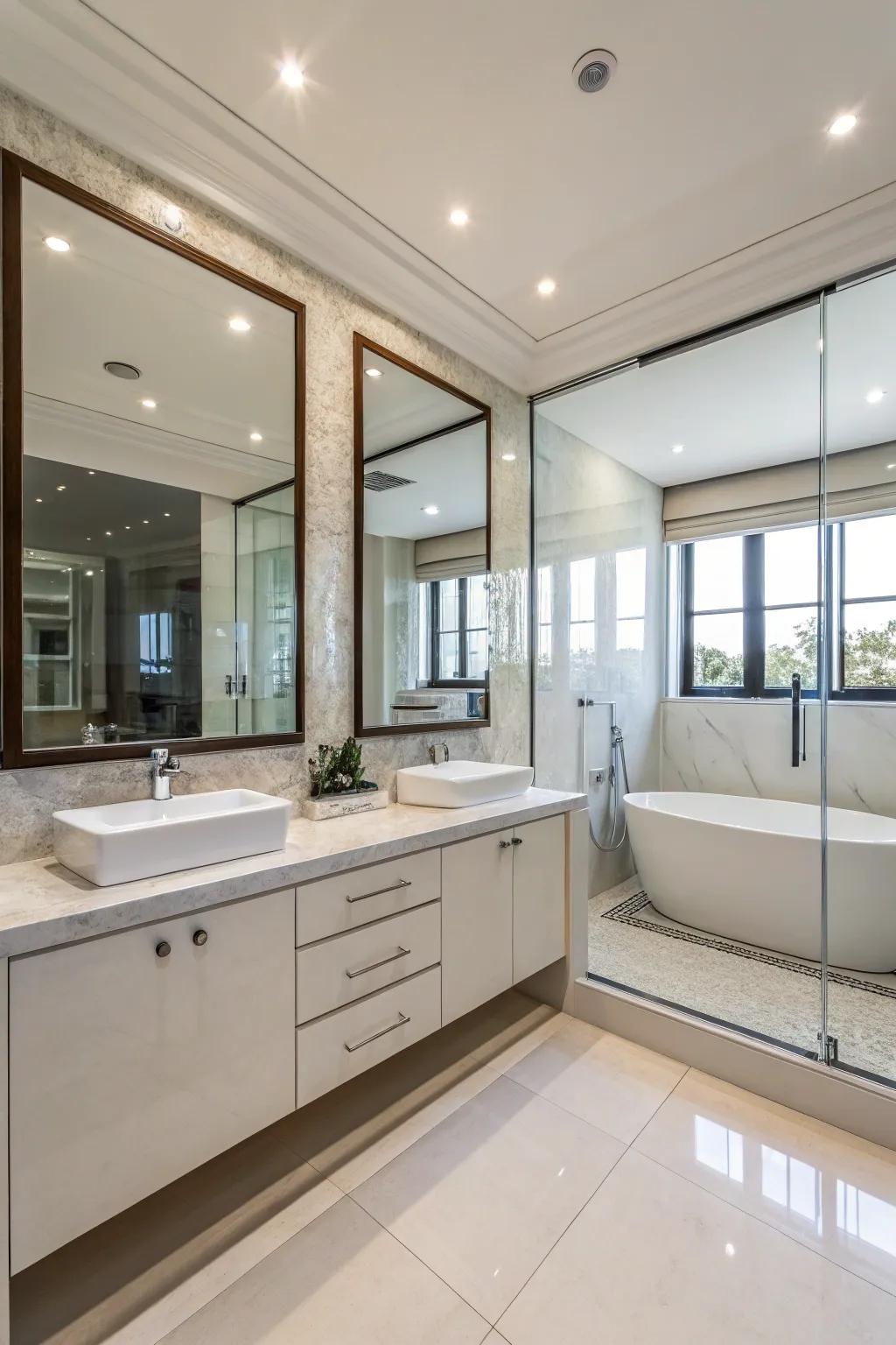 Reflective paneling adds depth and radiance to any ensuite.