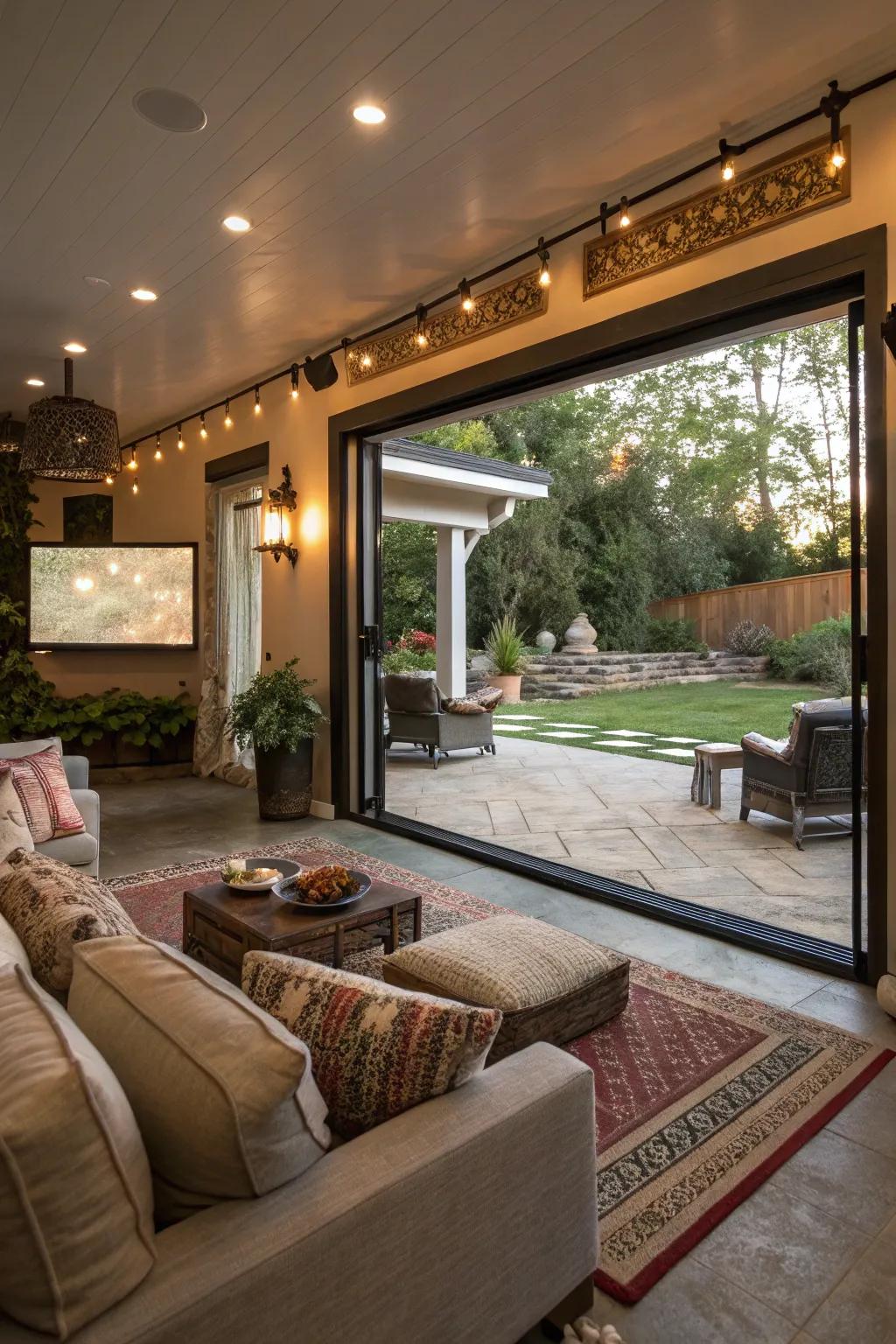 Combine indoor and outdoor areas to fashion an entertainment area that is both expansive and welcoming.