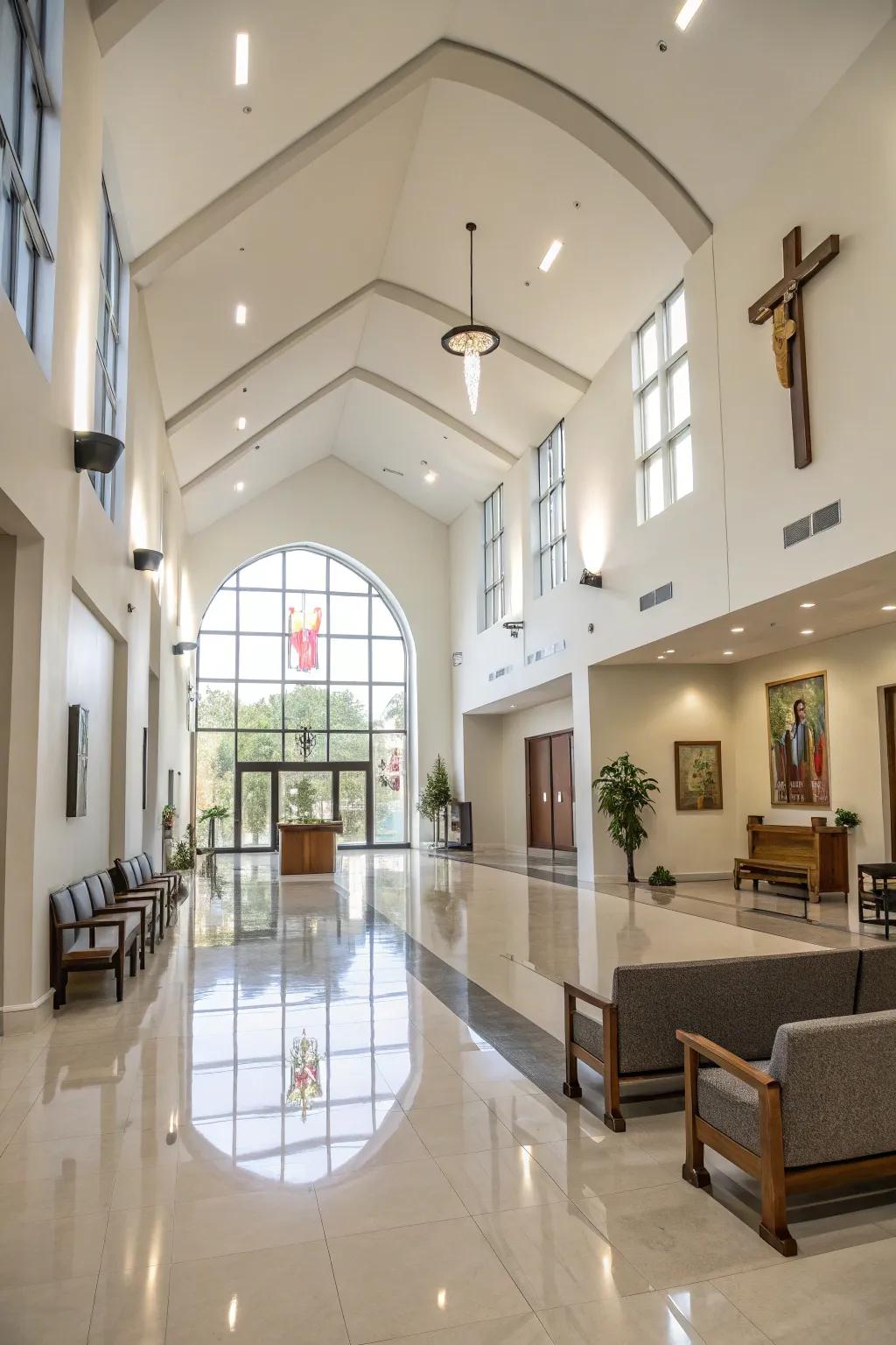 A modern and crisp design in the church foyer keeps tradition yet feels new.